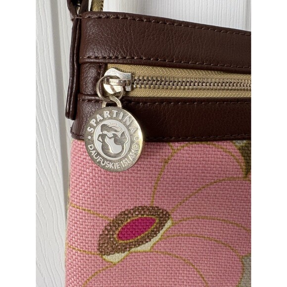 SPARTINA 449 Floral Canvas w. Leather Trim Crossbody Bag Pink/ Green - Picture 4 of 8